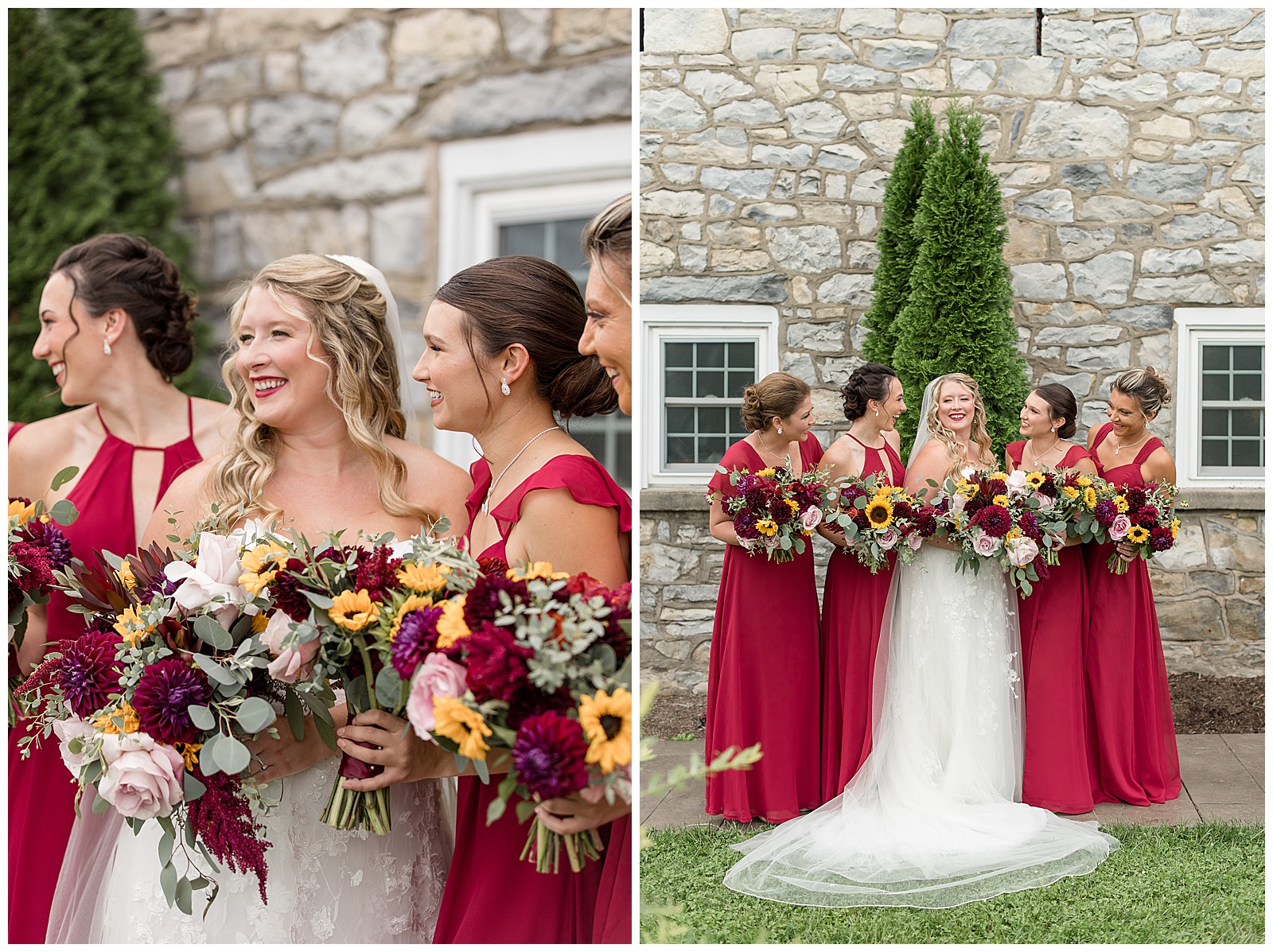bride with her bridesmaids all looking at her and smiling by stone wall with shrubbery behind them