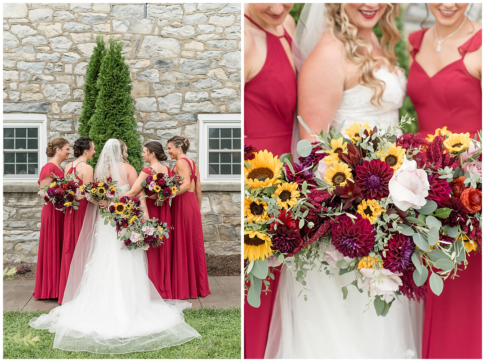 bride surrounded by her bridesmaids as they all hold fall bouquets and look down at them on sunny fall day