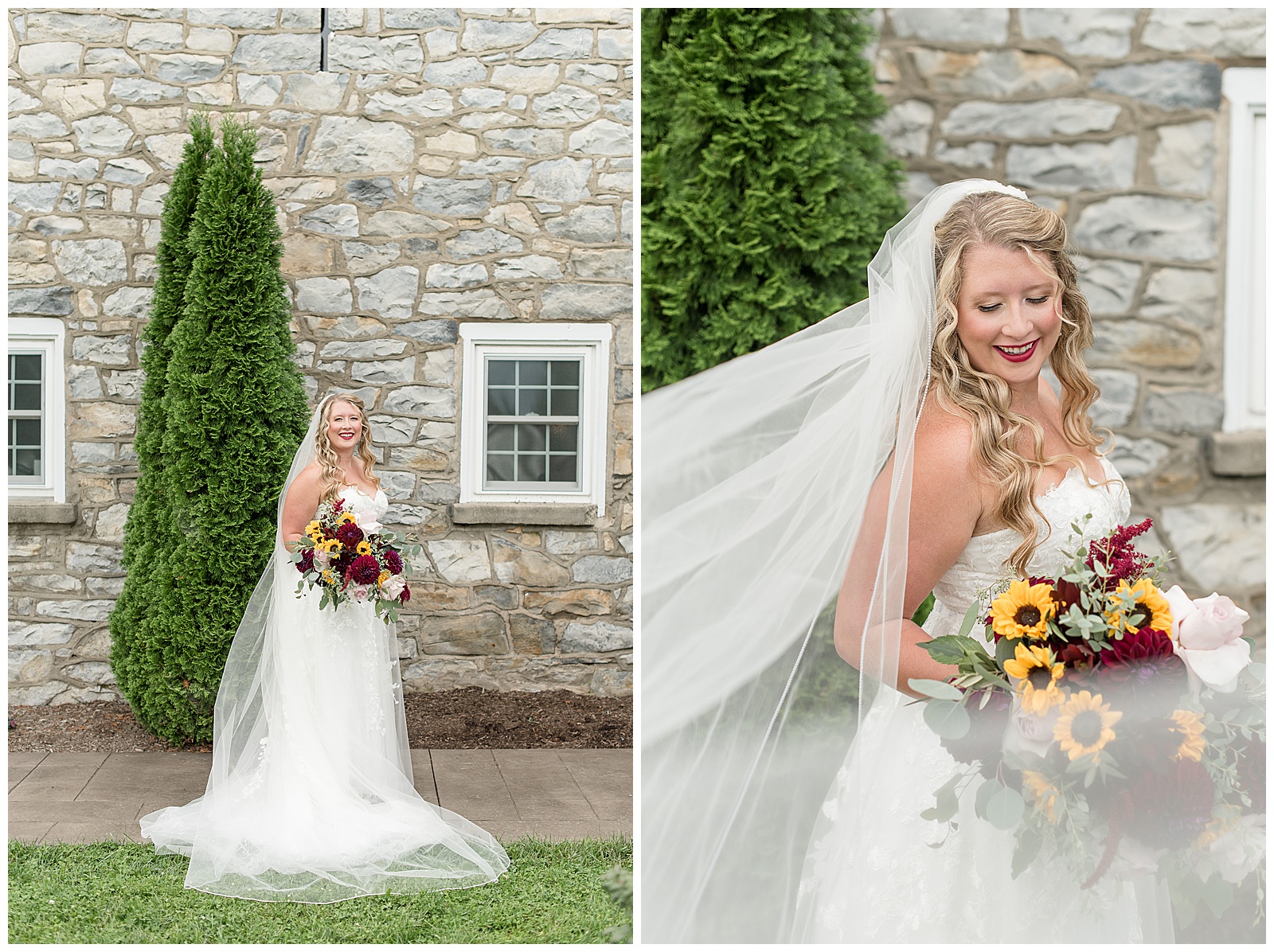 bride holding fall bouquet with sunflowers in it by stone wall as her long veil blows behind her