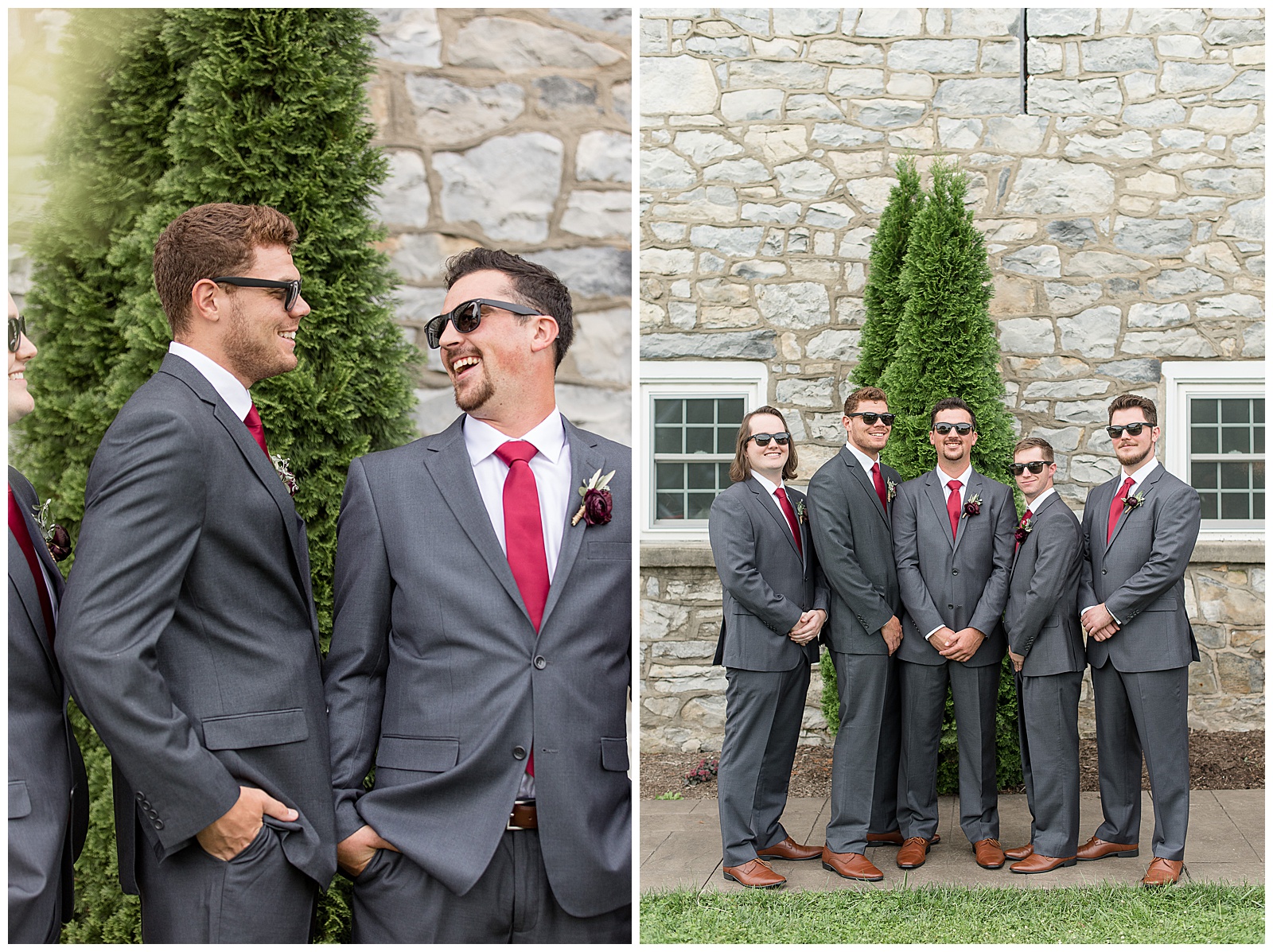 groom and his groomsmen all wearing black sunglasses and smiling by stone wall with shrubbery behind them