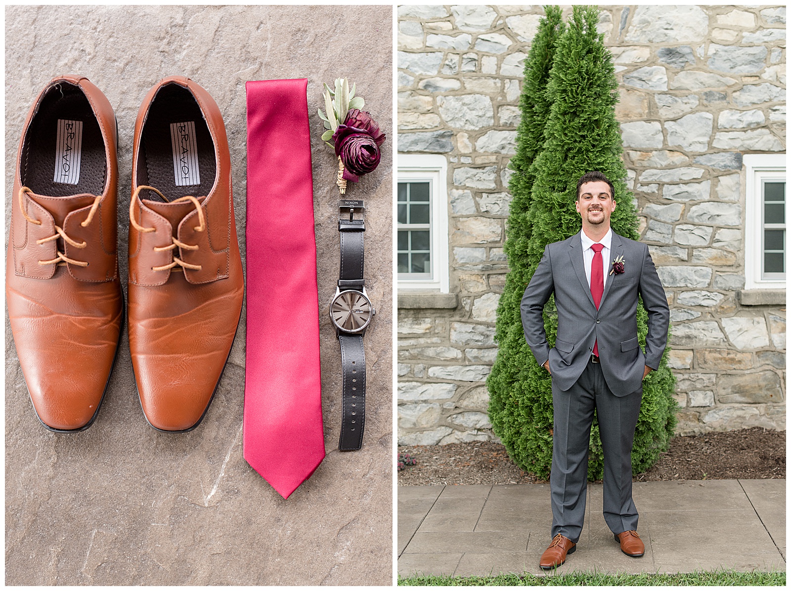 groom's brown shoes, red tie, and black watch on display with red boutonniere 