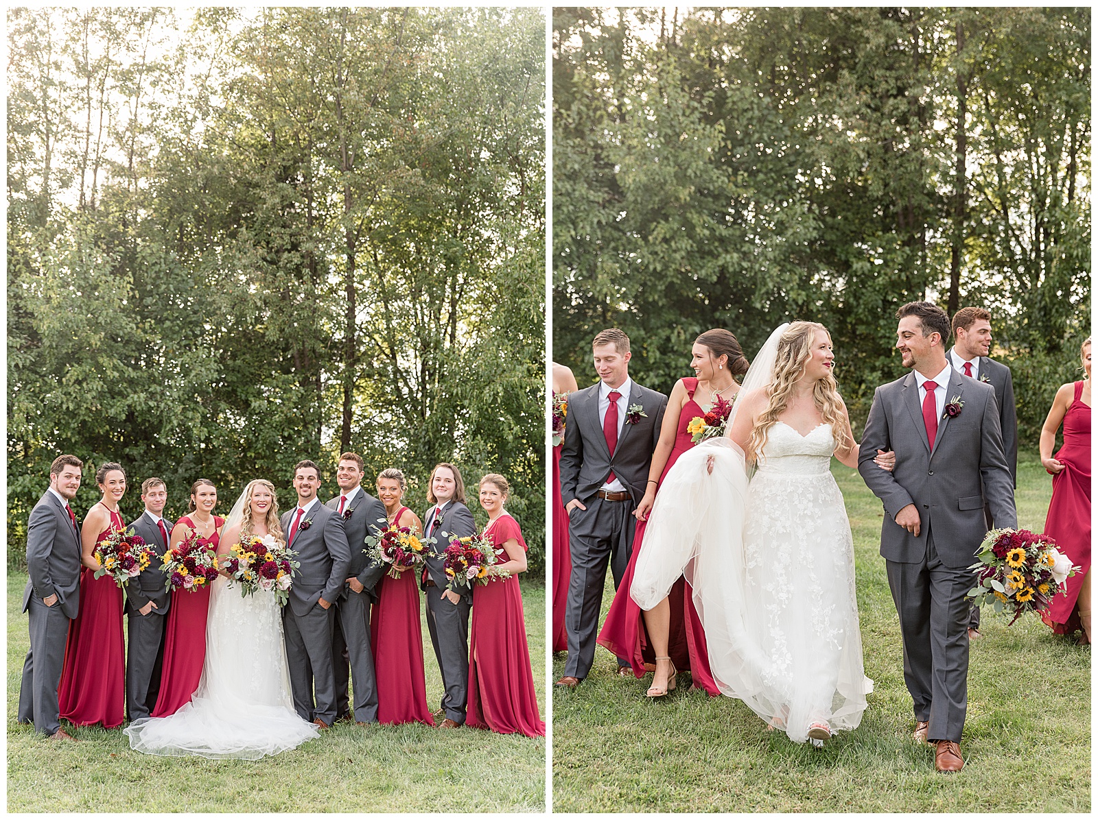 couple surrounded by bridal party as they all walk towards camera looking at each other and smiling with trees in background