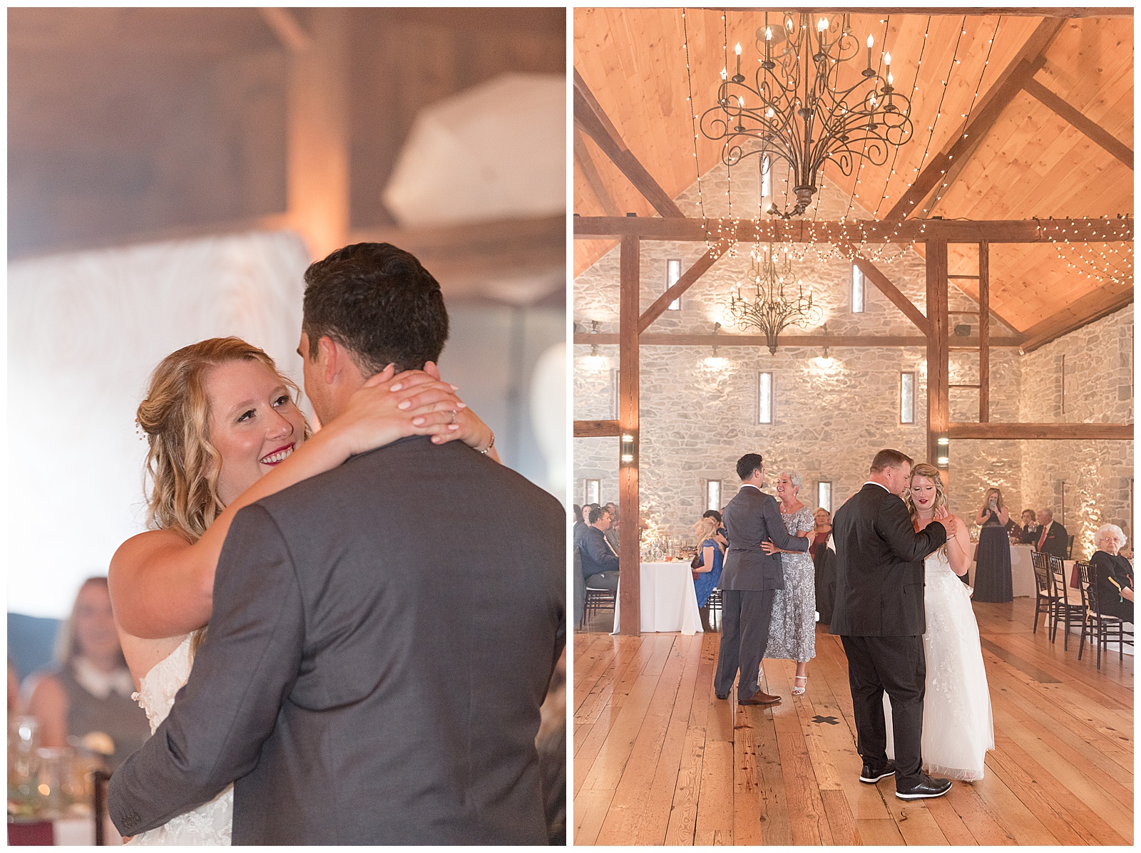couple hugging tightly as they share their first dance during wedding reception inside beautiful historic barn