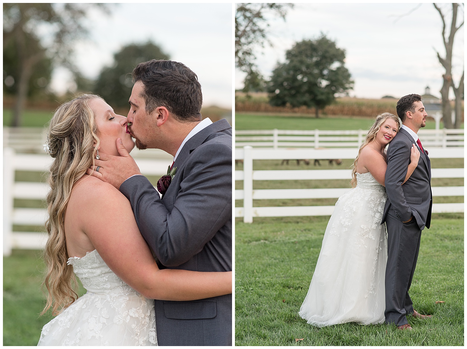 bride and groom hugging and kissing on bright fall evening with white fence behind them