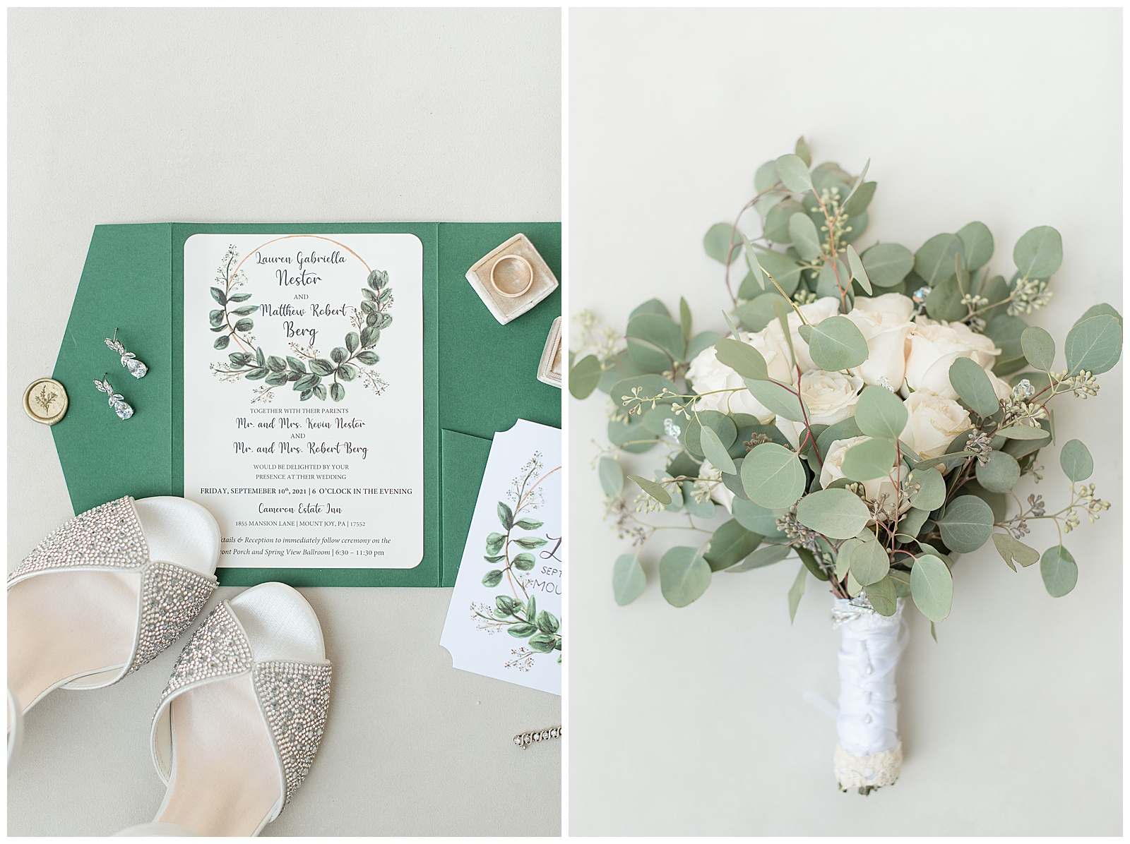 wedding invitation and bouquet of silver dollar eucalyptus and white roses displayed on white background