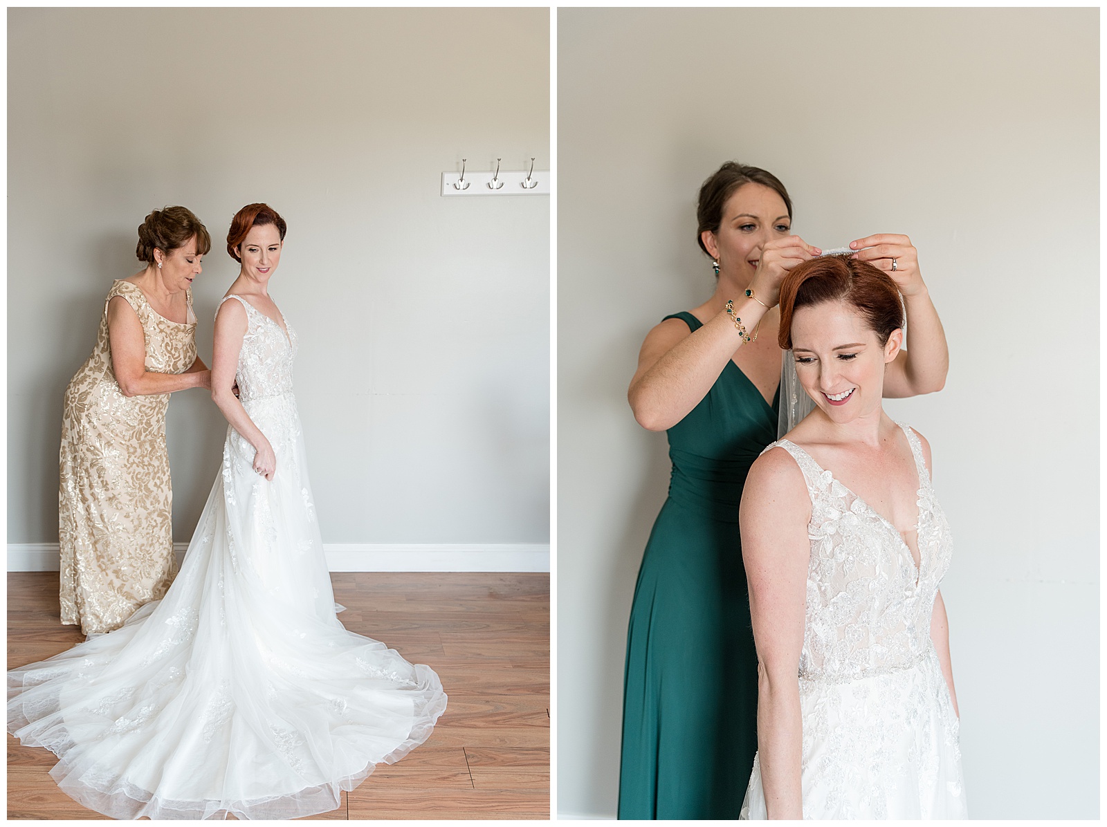 mother of the bride zipping up the back of bride's white gown inside bridal suite on wedding day