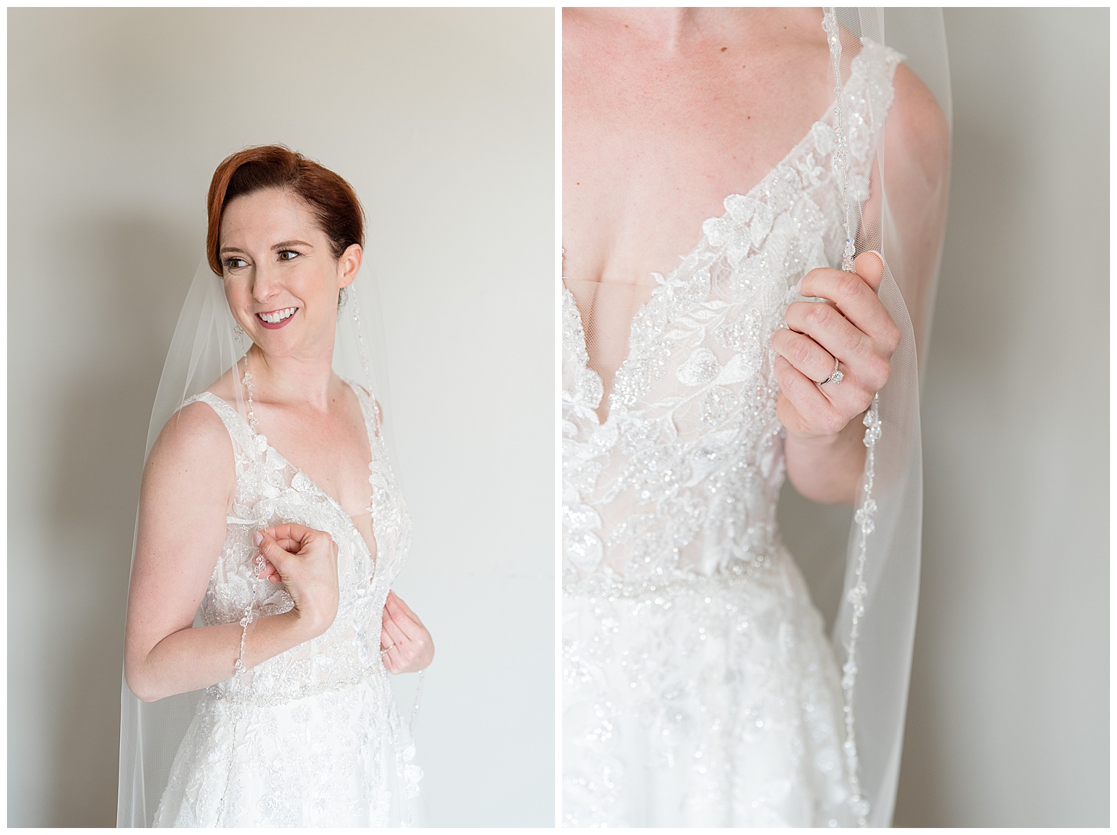 bride wearing beautiful white v-neck wedding gown with lovely sheer white veil looking over right shoulder