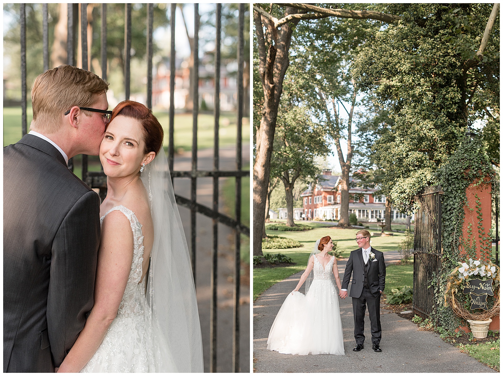 groom kissing bride's right temple as she looks back over left shoulder and smiles at camera outside tall iron gate