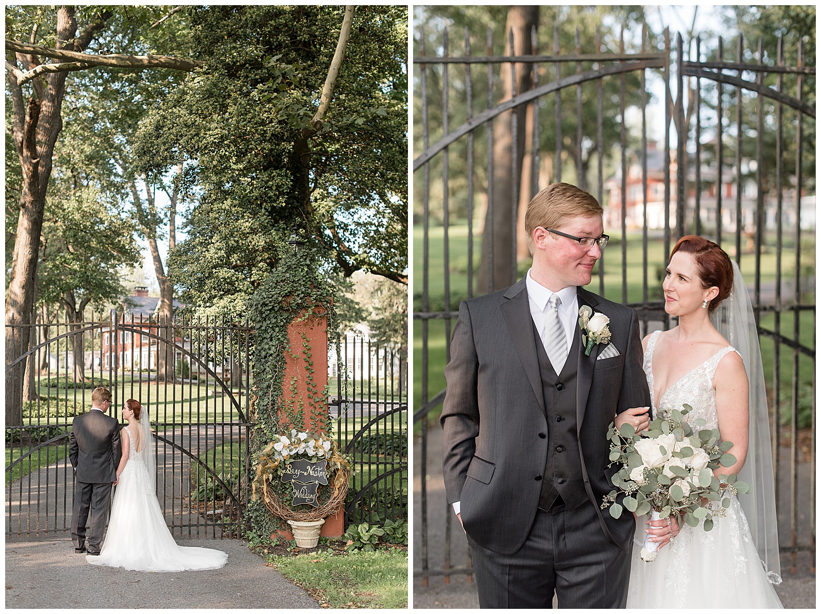 bride holding groom's left arm as they smile and look at each other with tall iron gate and trees behind them