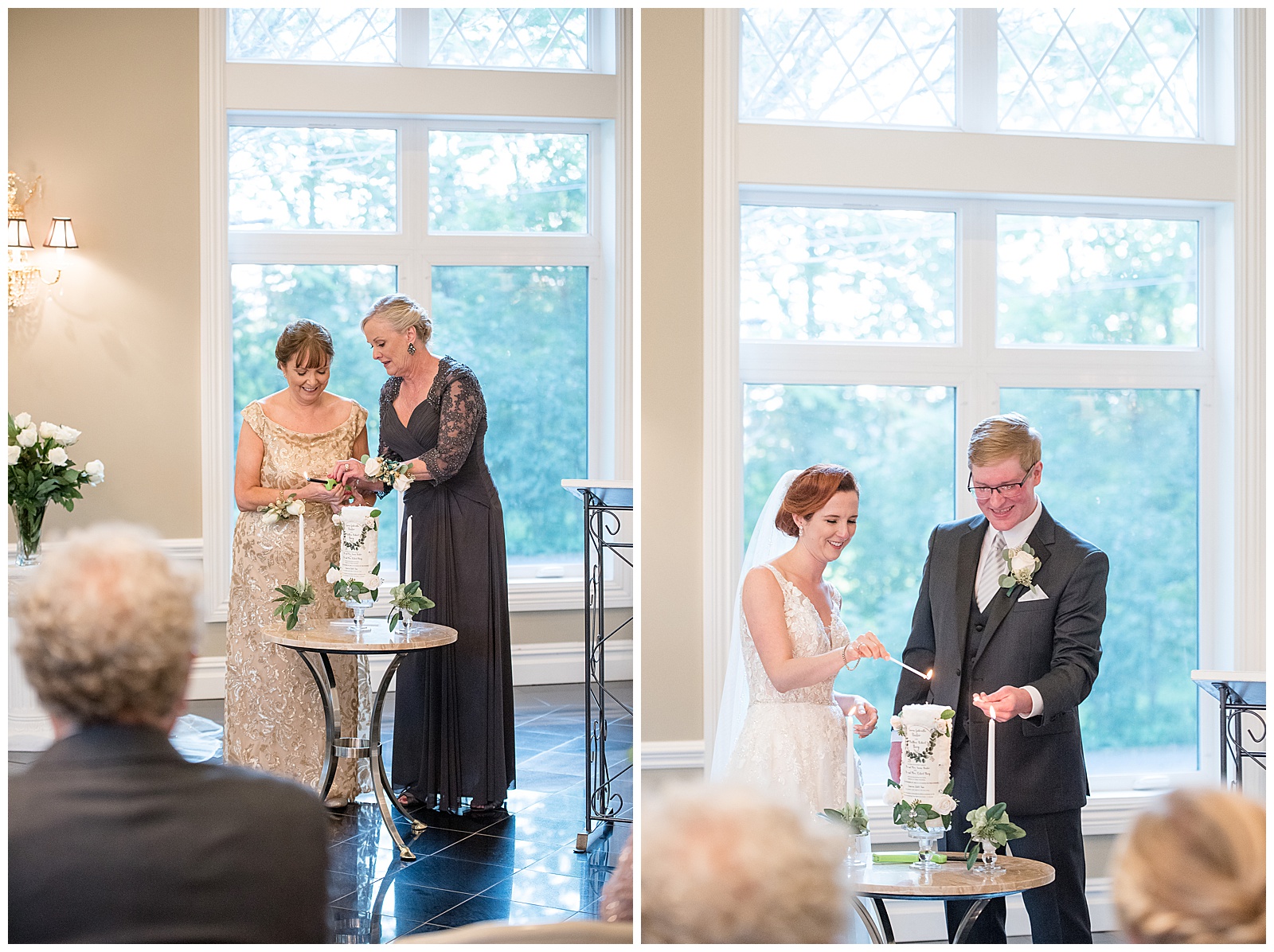 bride and groom together lighting the unity candle during wedding ceremony with sunshine shining through the windows