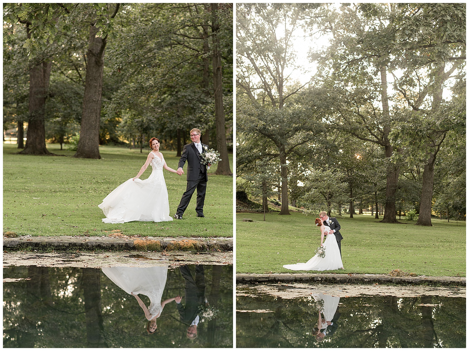 bride and groom holding hands walking along edge of pond with trees and lawn behind them on summer day