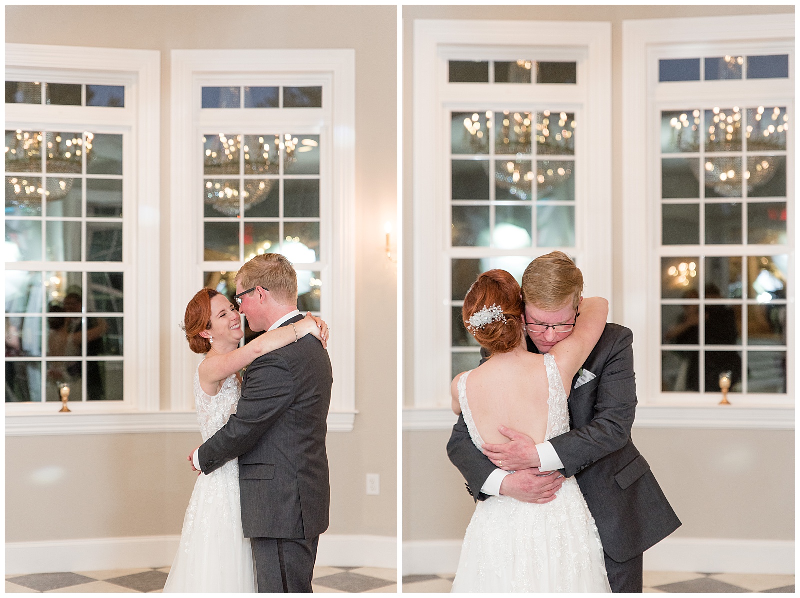 bride and groom hug as they share their first dance as husband and wife during indoor wedding reception at cameron estate inn