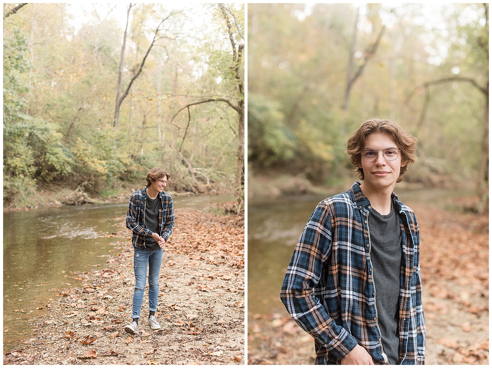 senior guy walking towards camera on dried leaves smiling looking over his left shoulder with colorful fall leaves and river behind him
