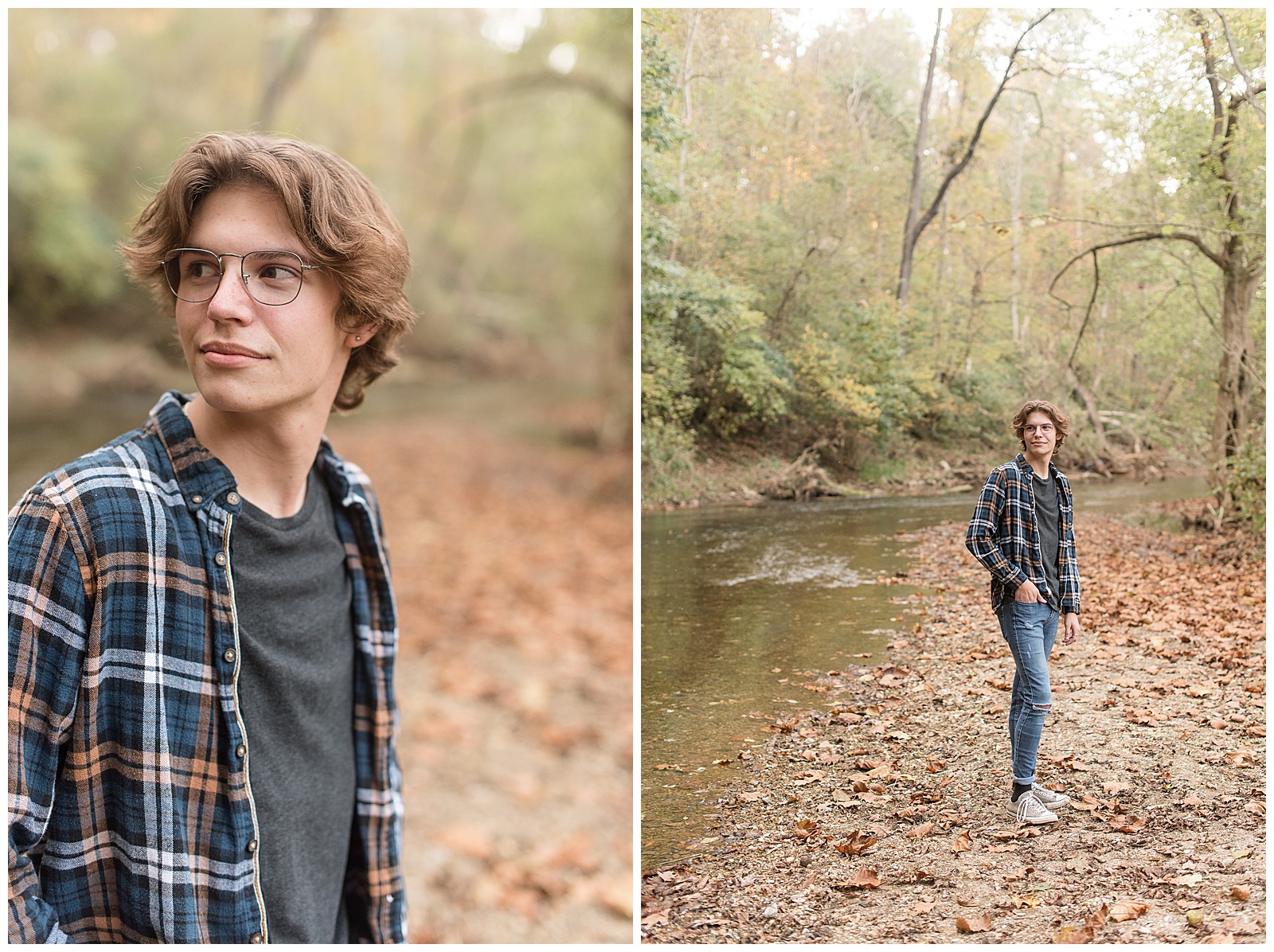 senior guy standing along river with his back to river and hand in jeans pocket on colorful cloudy fall day