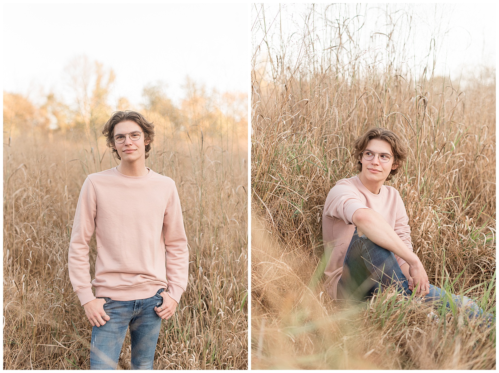senior guy sitting among tall dried out wild grasses with his right arm resting on bent right knee on sunny fall evening