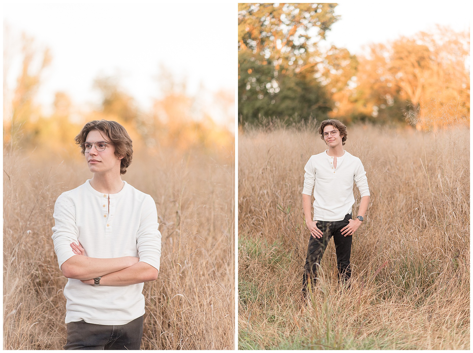 senior guy standing among tall wild fall grasses with his thumbs in his pockets looking towards the right on sunny fall evening