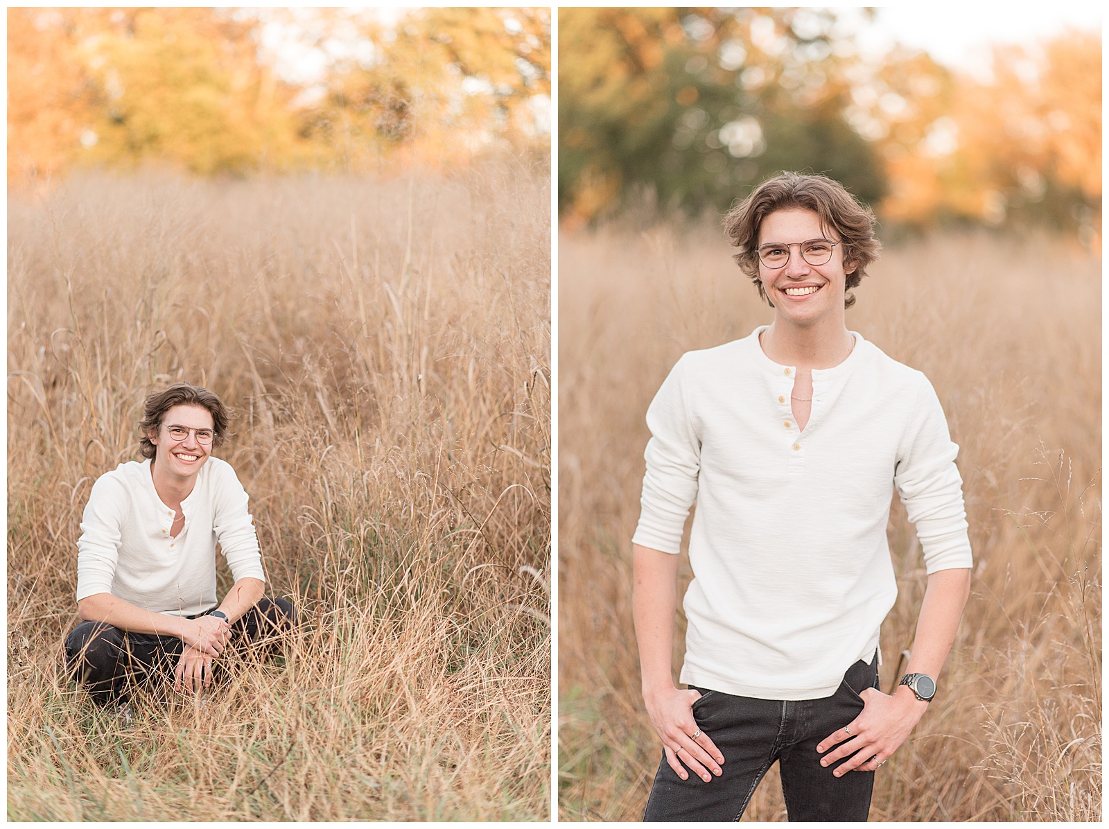 senior guy crouching down among dried out tall wild grasses on sunny evening smiling at camera