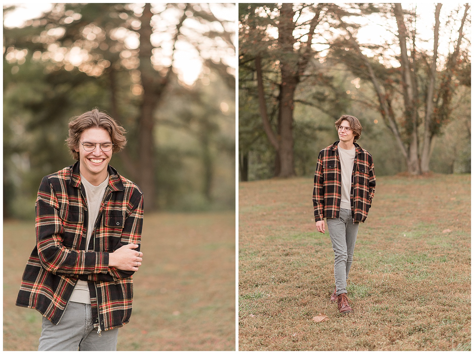 senior guy wearing unbuttoned dark flannel shirt with tan shirt underneat and gray pants walking toward camera