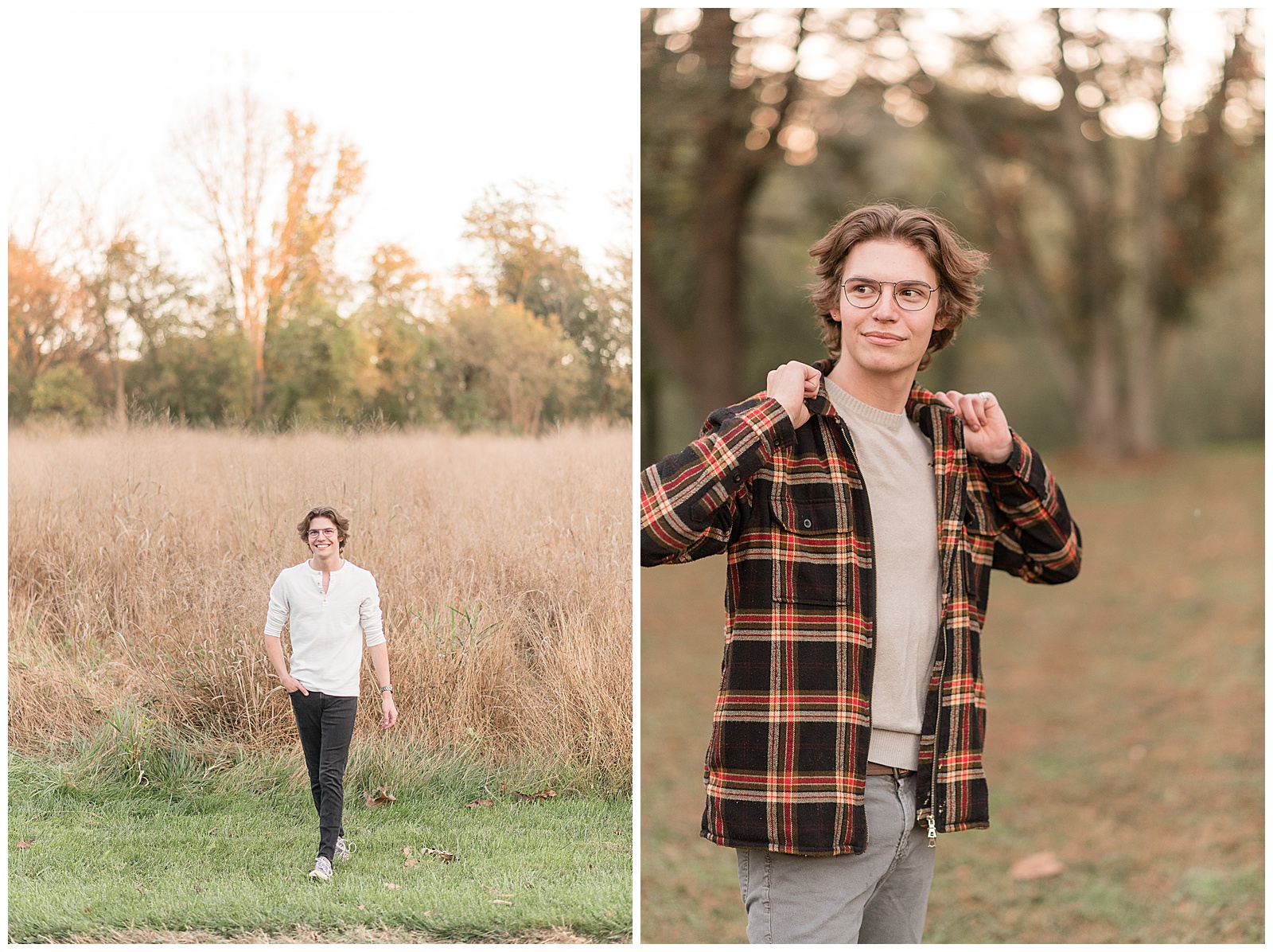 senior guy walking towards camera with right hand in pocket and dried wild grasses behind him on sunny fall evening