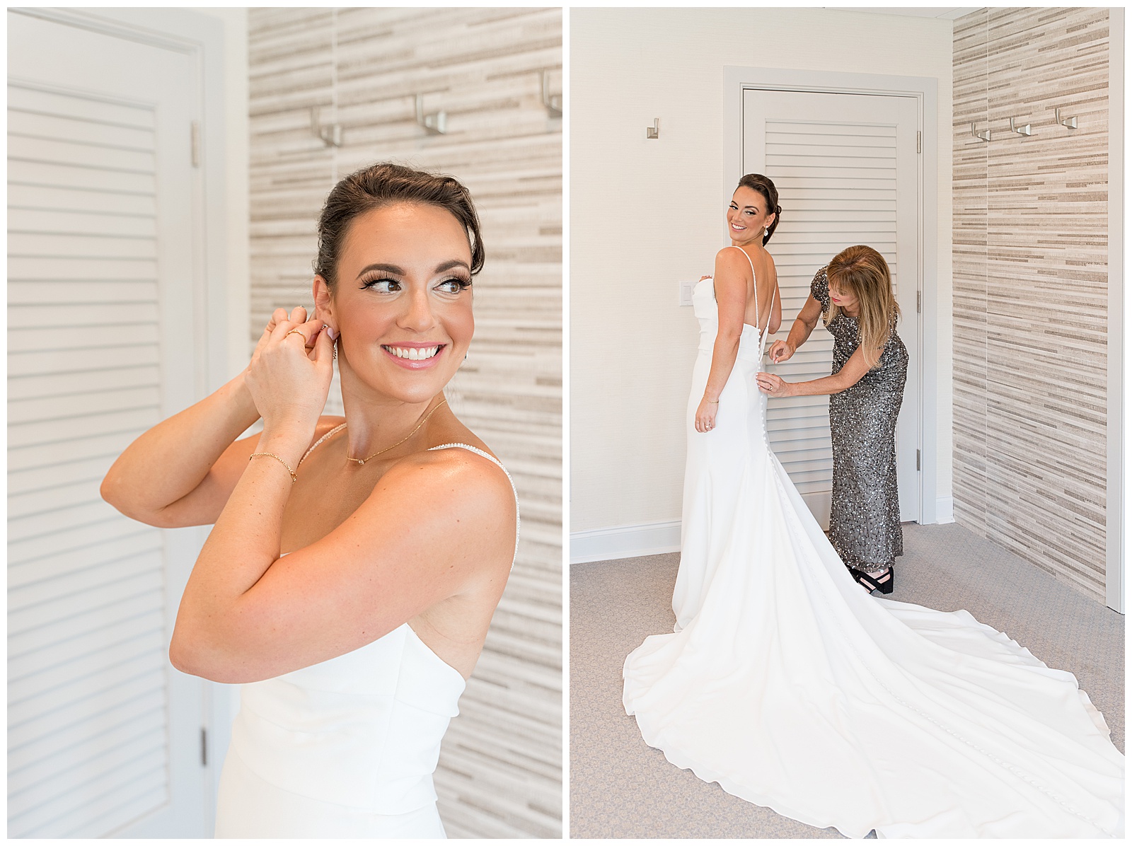 bride putting her right earring in as she smiles and looks over her left shoulder wearing her white dress in the bridal suite