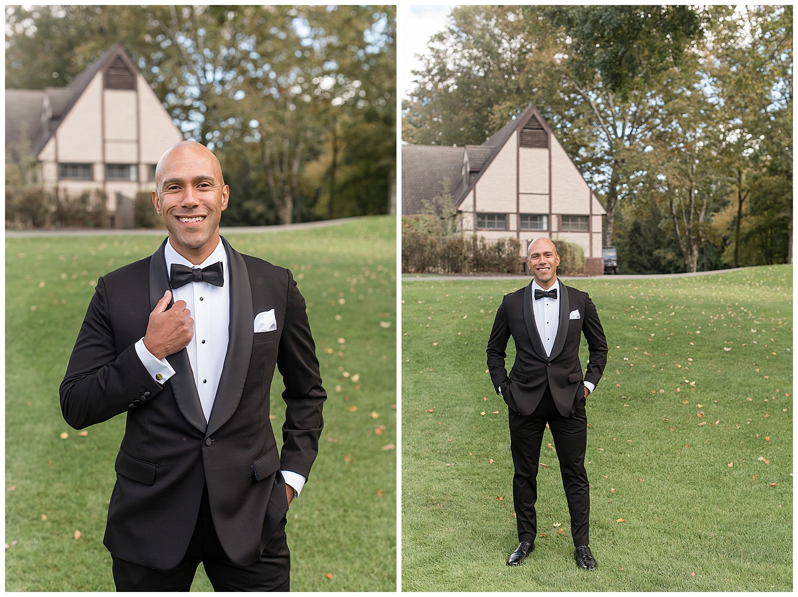 groom in black suit with black bow tie and his hands in his pockets as he smiles at the camera
