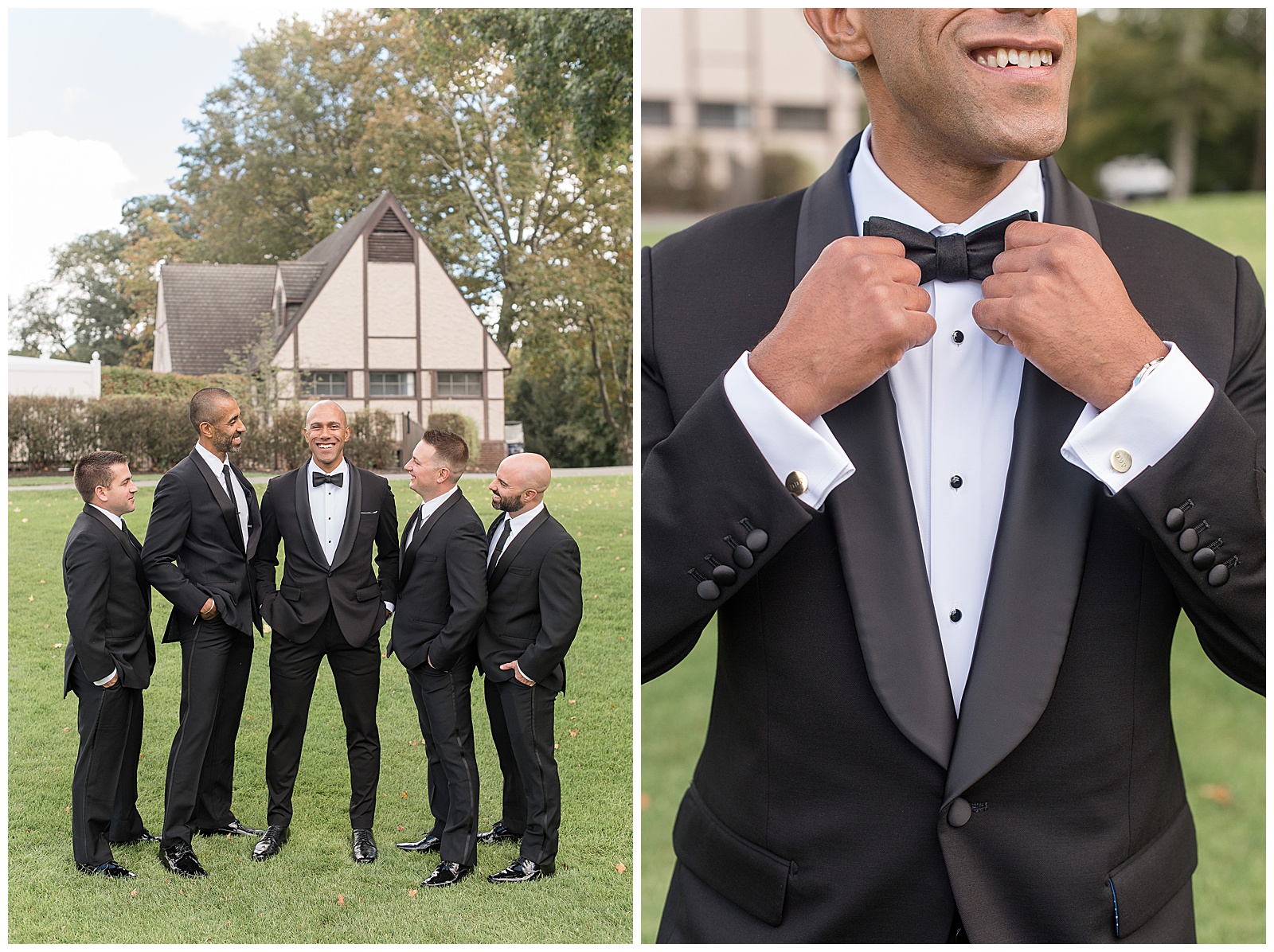 groom with his groomsmen and they all have their hands in their pockets standing on grass lawn with house in background