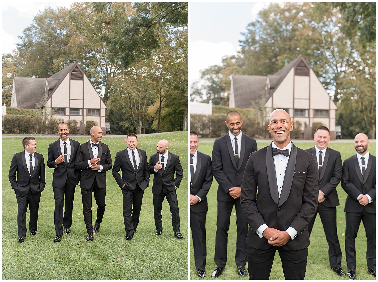 groom and his groomsmen walking towards camera smiling on bright sunny fall day