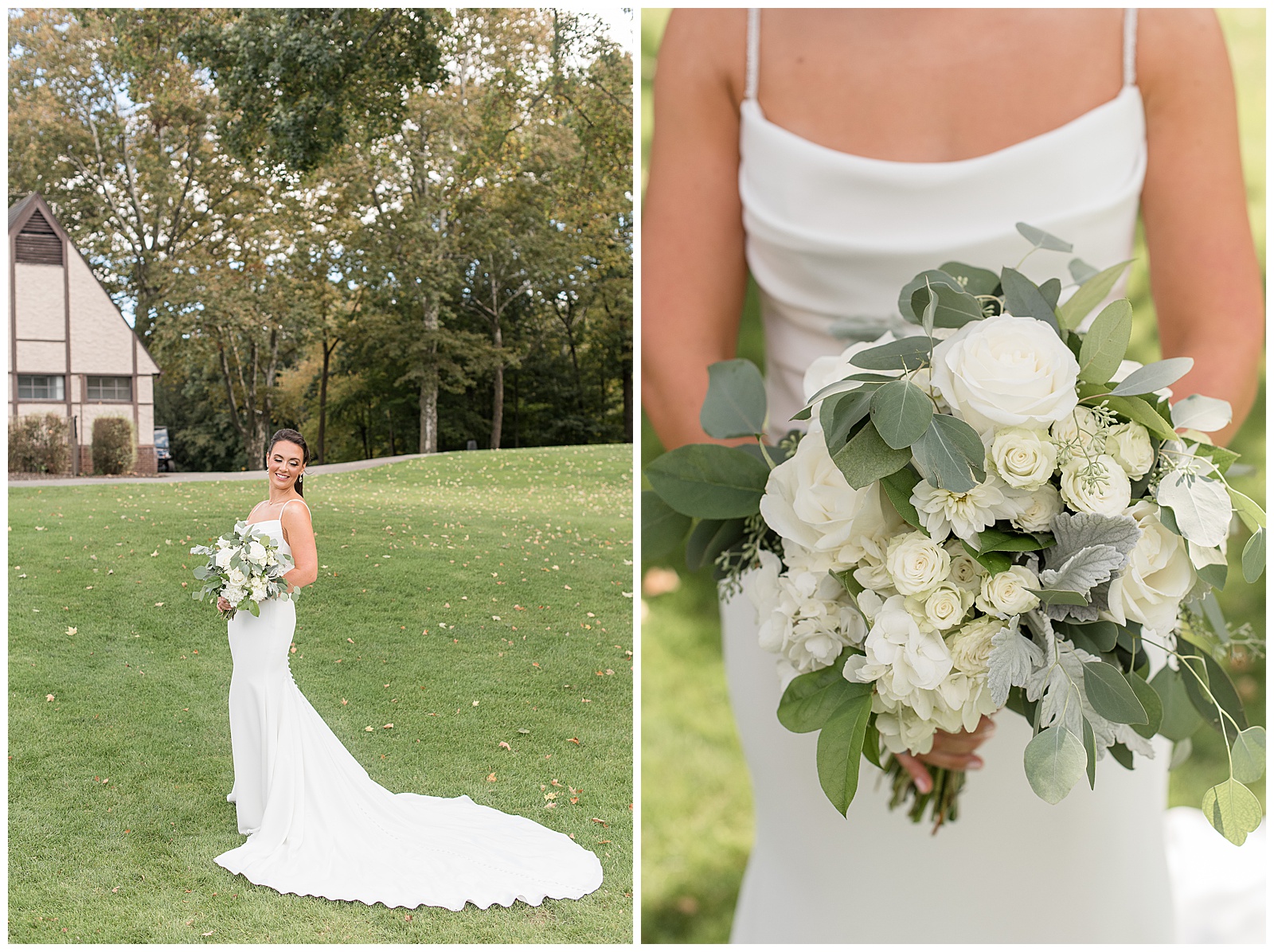 bride holding her beautiful bouquet filled with white flowers and eucalyptus as she looks over her left shoulder
