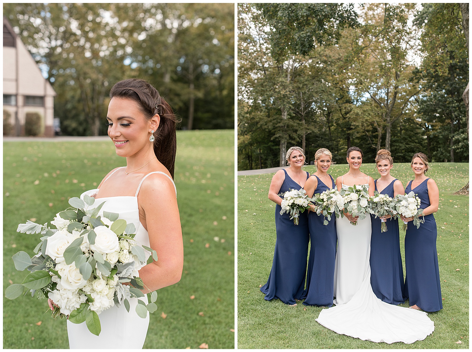 bride surrounded by her four bridesmaids all wearing navy blue sleeveless gowns and all holding bouquets