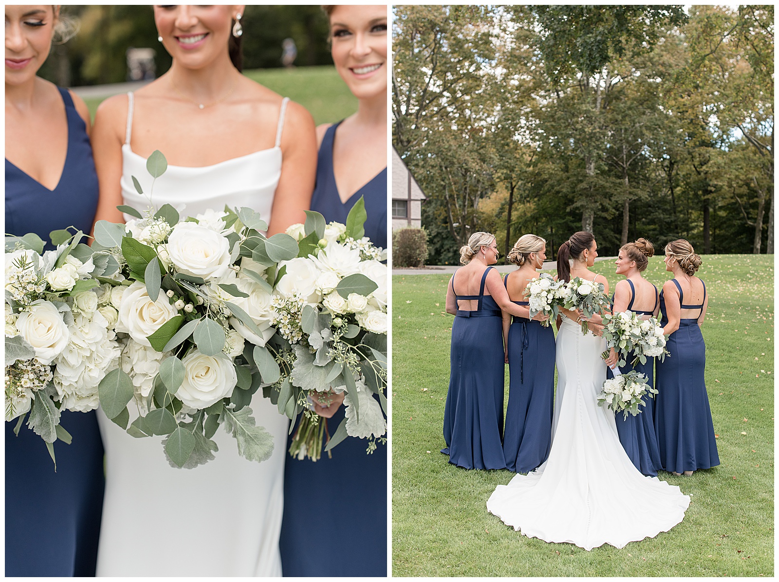 backs of bride and bridesmaids with arms around one another and bride gown train displayed on grass