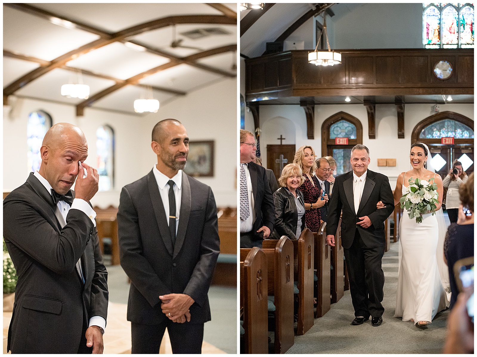 groom teary-eyed as he watches his bride walk down the aisle with her father on their wedding day