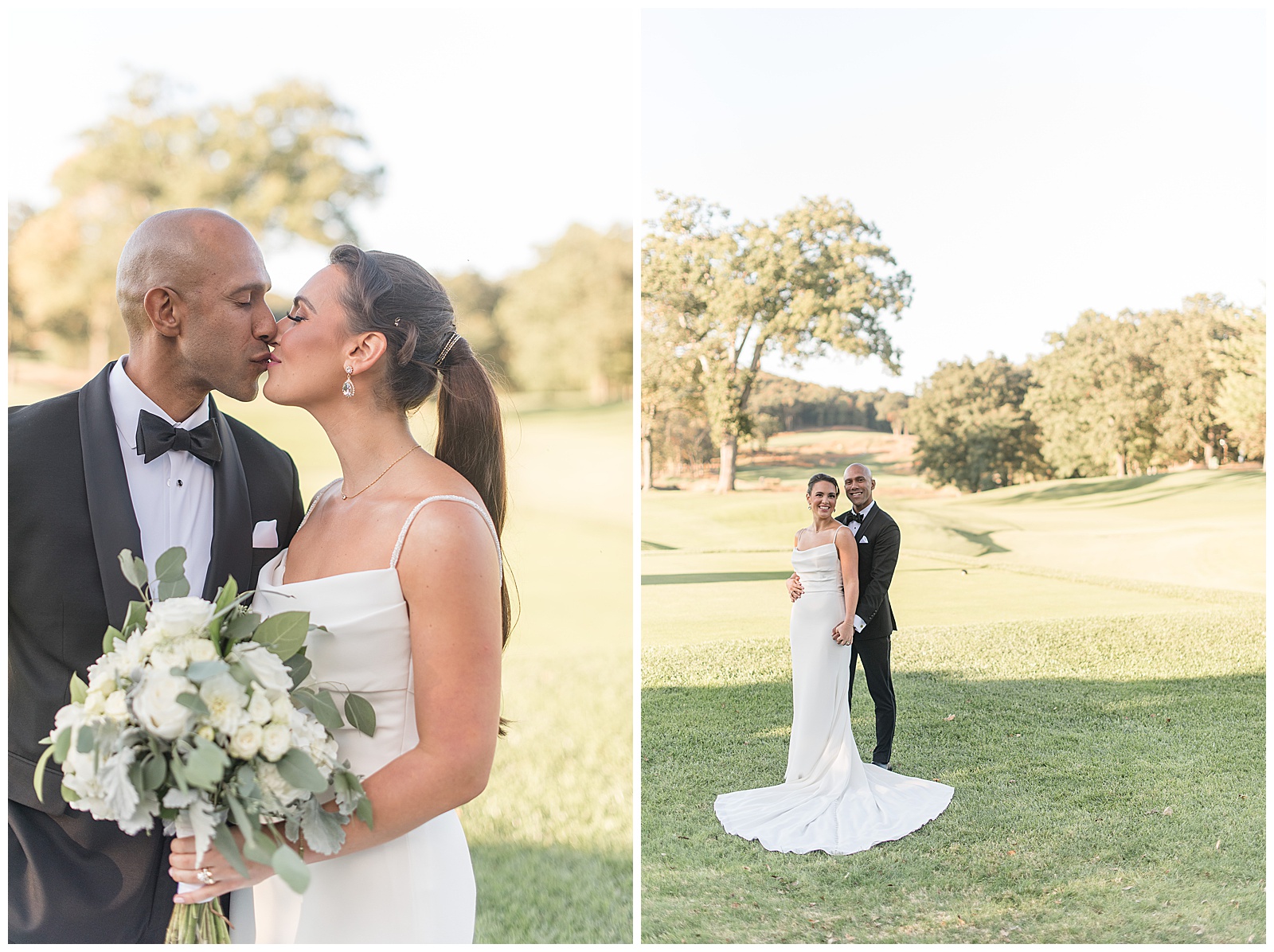 groom and bride kissing as she holds bouquet with golf course behind them on bright sunny fall day