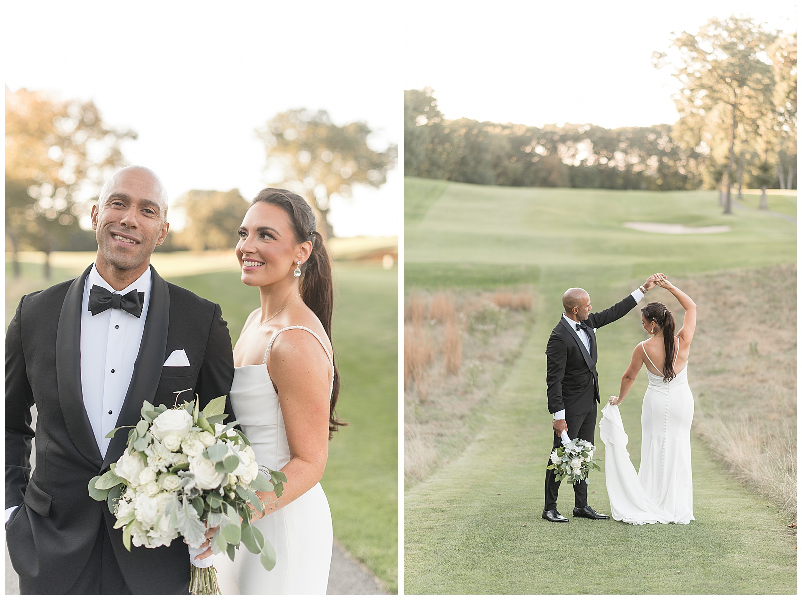 groom twirling his bride as he holds her bouquet in his right hand on golf course