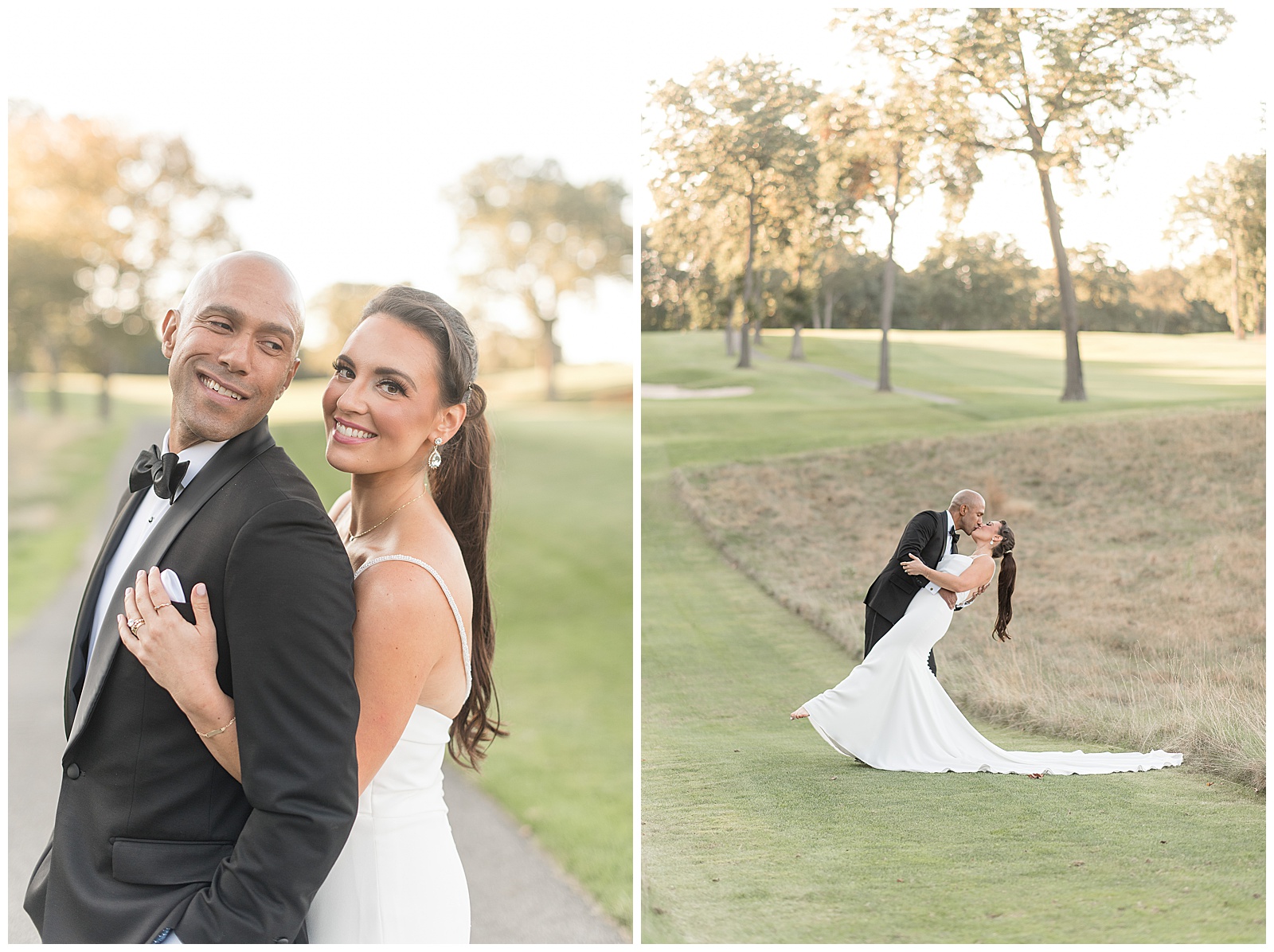 groom dipping his bride back and kissing her on sunny fall day at golf course
