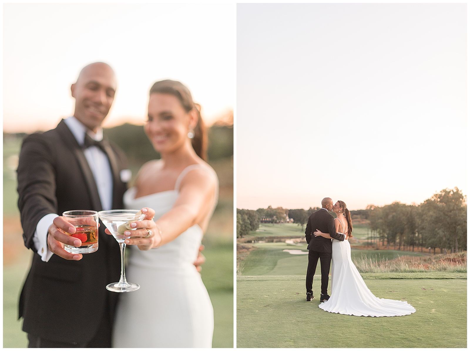 groom and bride holding their mixed drinks towards the camera and toasting on sunny fall day 