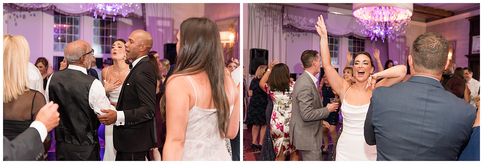 guests dancing with bride and groom at indoor country club wedding reception