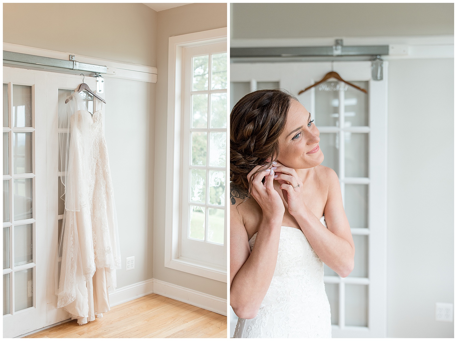 bride putting her right earring on as she smiles and looks off into the distance in bridal suite
