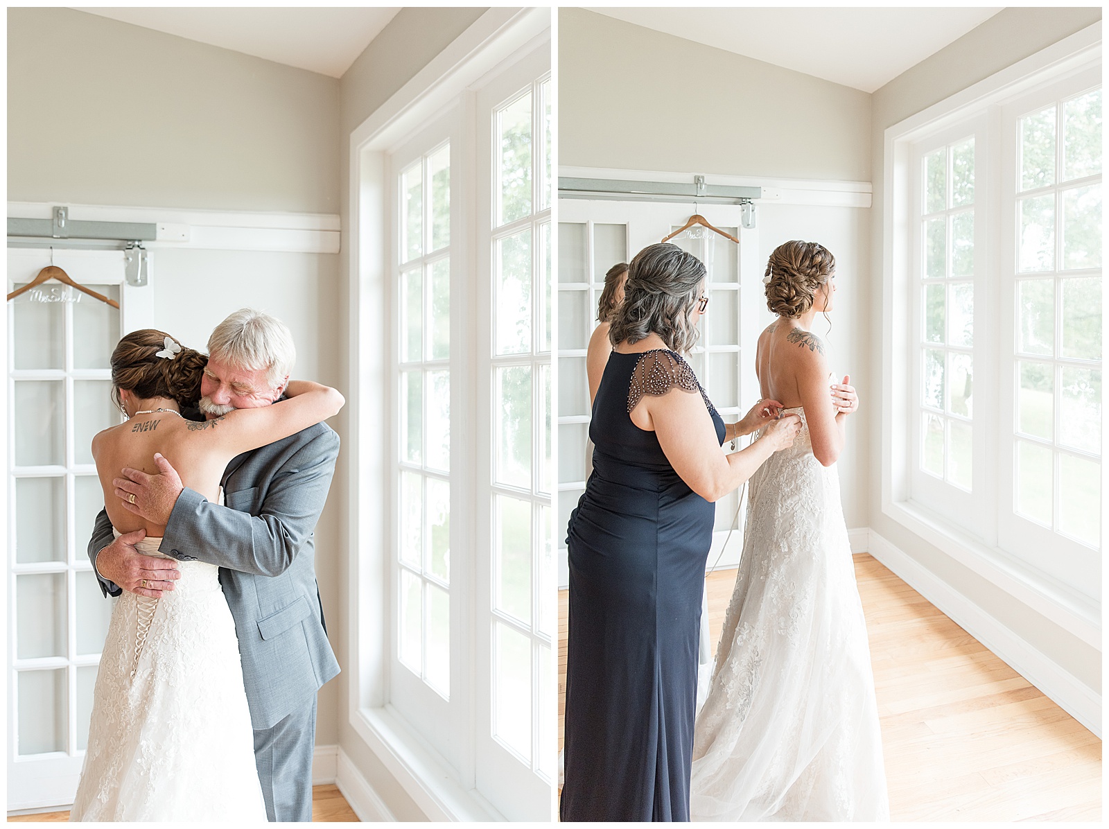 bride sharing a first look with her father and hugging him in bridal suite