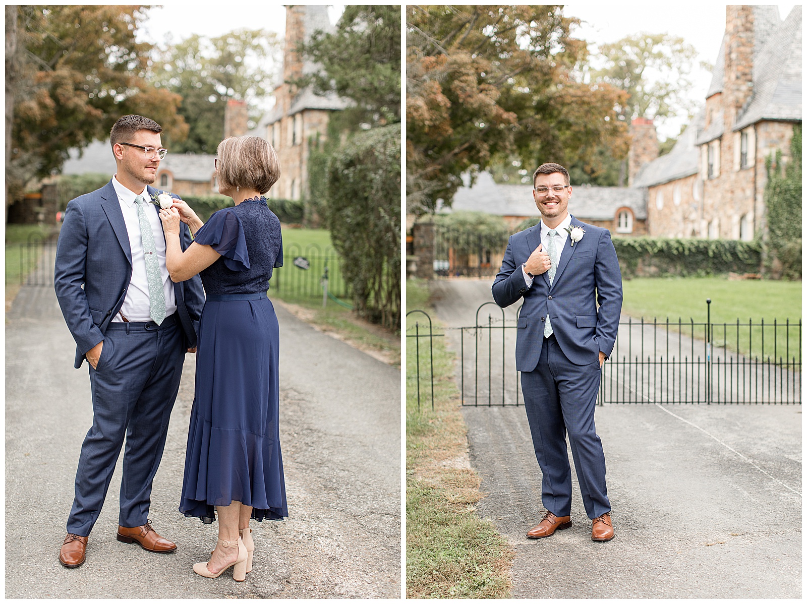 groom's mom placing his boutonniere on his navy blue suit coat outside at venue 