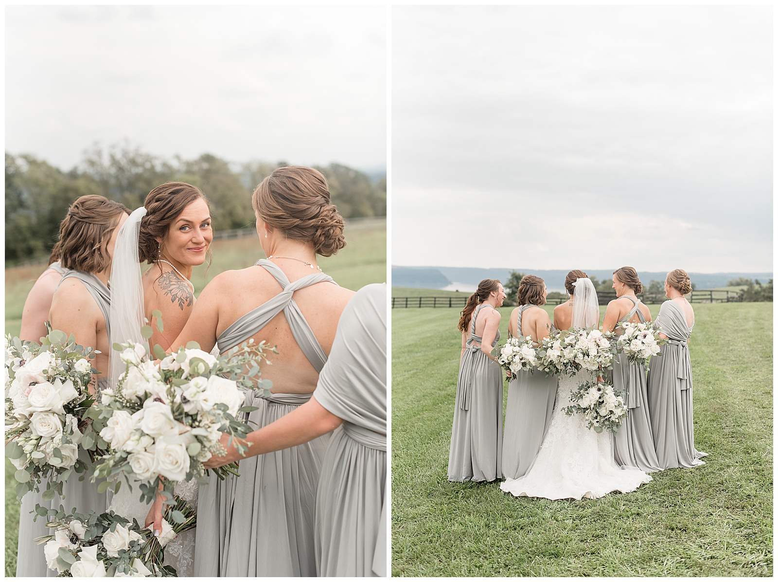 bride and bridesmaids all with their backs toward camera and their florals wrapped around back of them on cloudy day