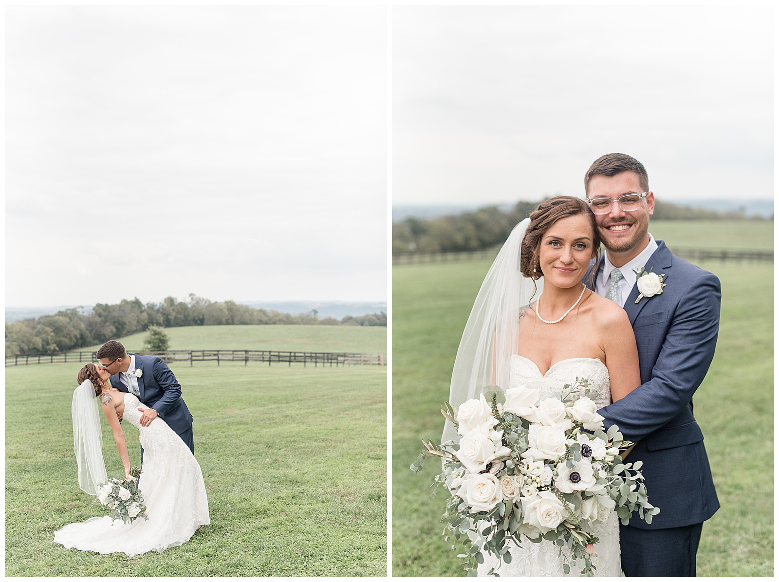 groom hugging bride from behind as they both smile and she holds beautiful bouquet on cloudy fall day