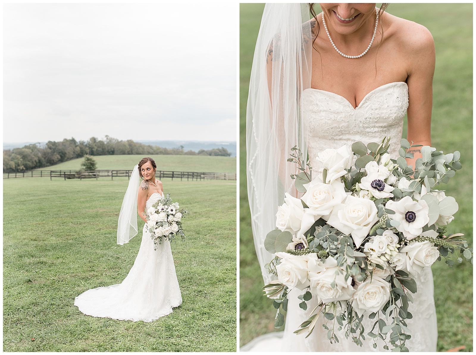 bride holding gorgeous bouquet filled with a variety of white flowers and eucalyptus on overcast fall day in grass field