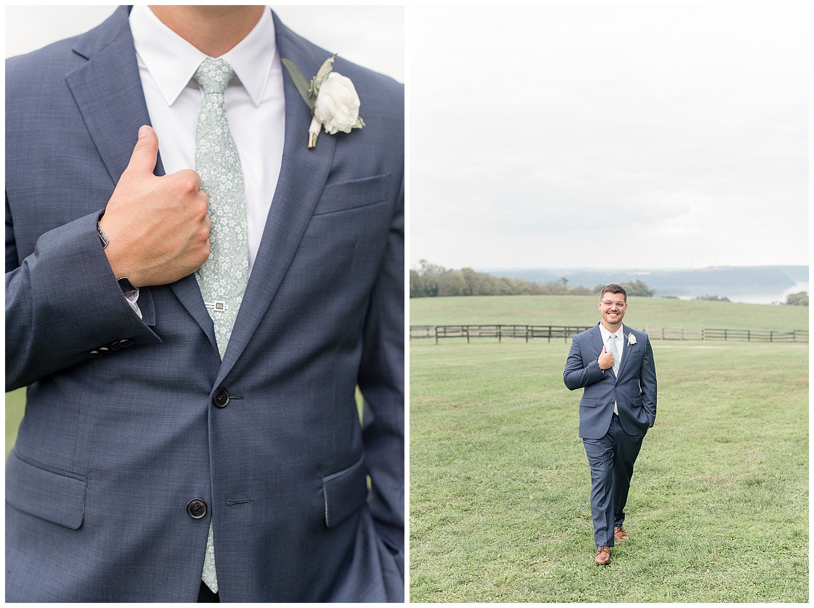 groom holding edge of suit coat with right hand as he walks towards camera on cloudy fall day