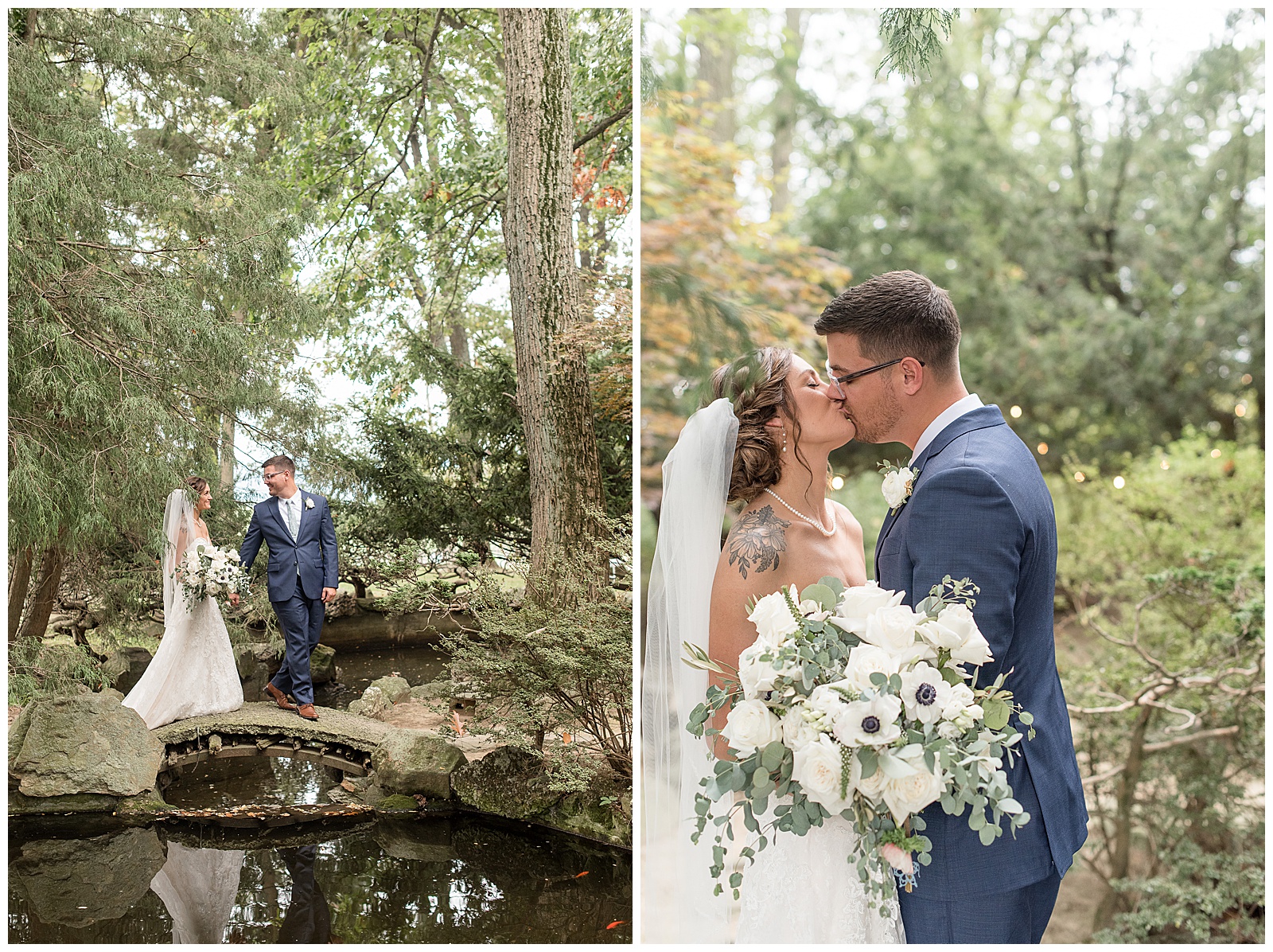 bride and groom standing on large rocks and kissing as she holds floral bouquet