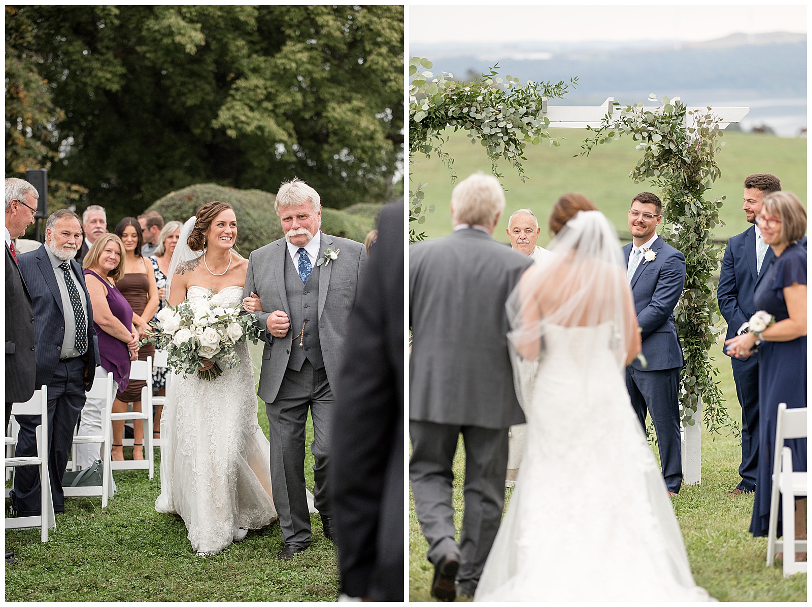 bride's father walking her down the aisle at outdoor wedding ceremony on cloudy day in central pennsylvania