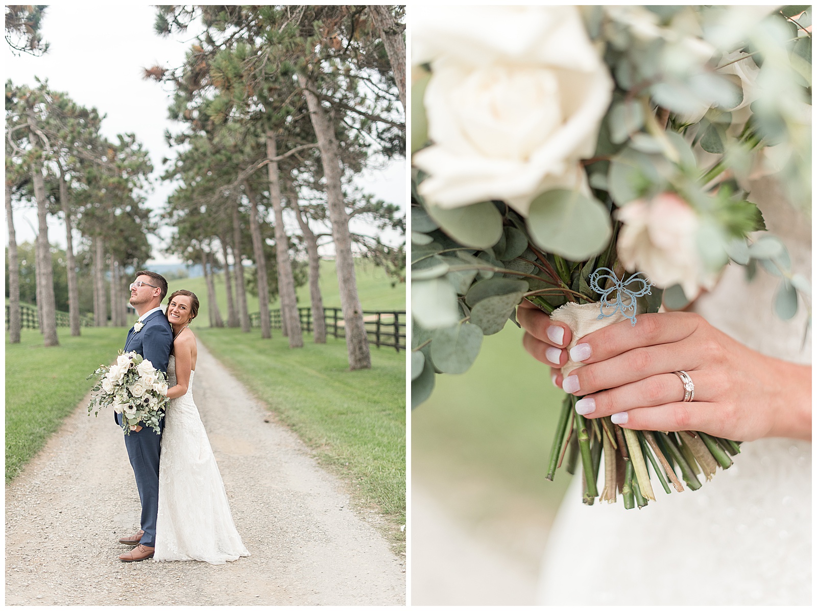 close up photo of bride's rings as she holds white floral bouquet on wedding day
