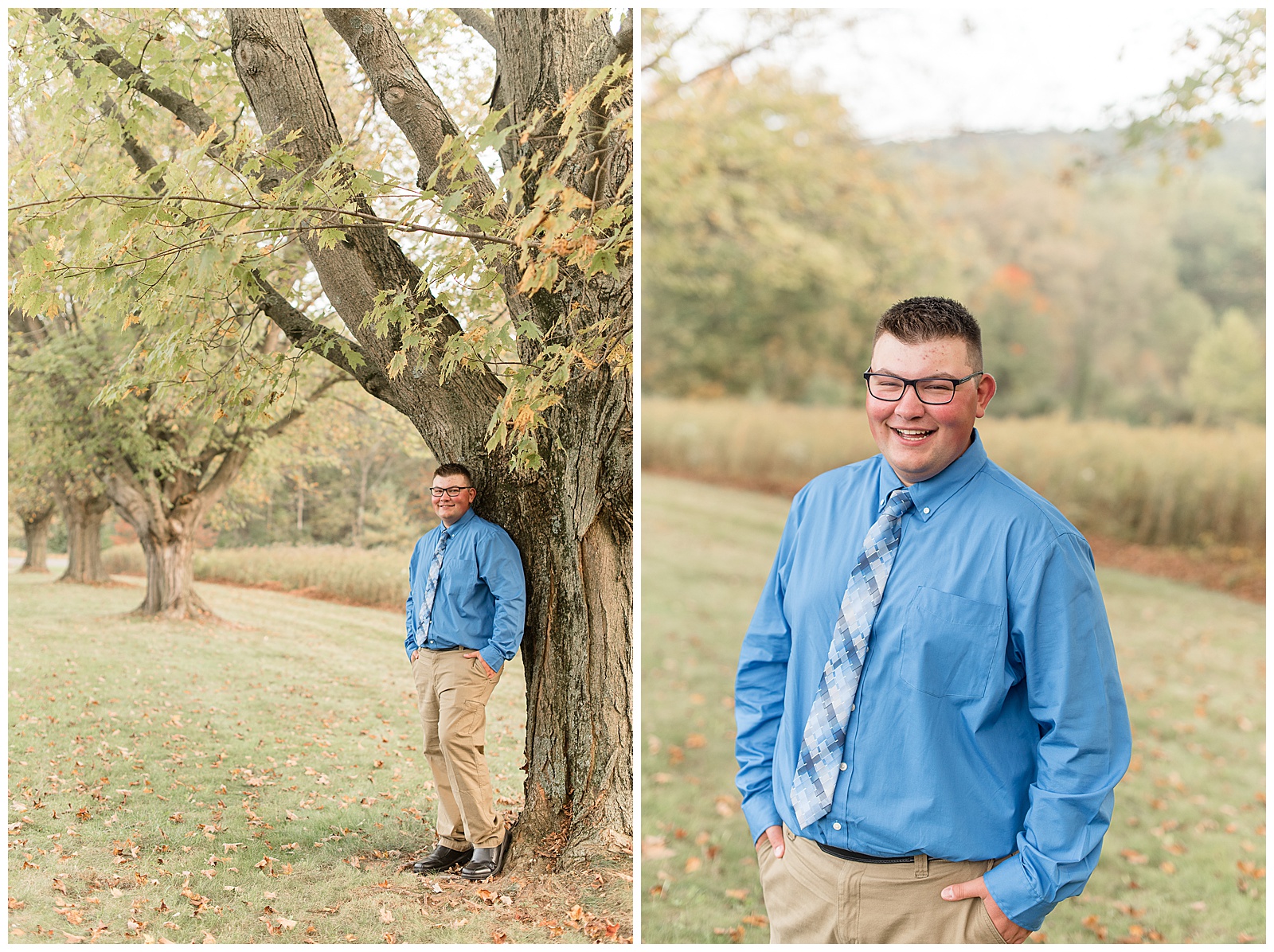 senior guy leaning against tree with leaves changing colors on fall day in pennsylvania