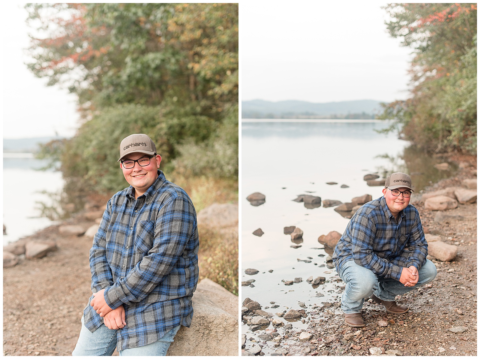 senior guy crouching down along the shore with pond behind him on cloudy fall day in pennsylvania