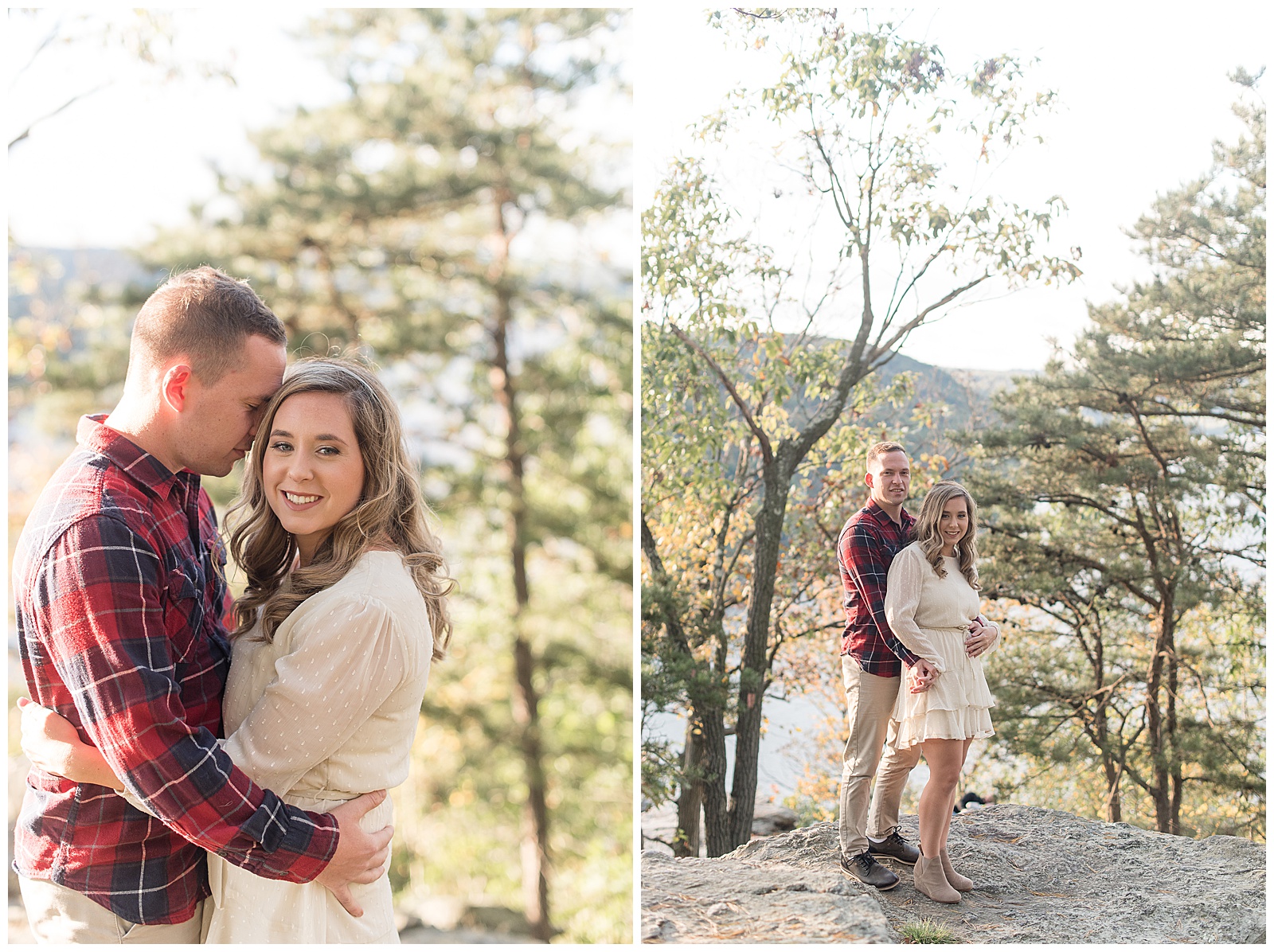 engaged couple hugging with guy wearing red flannel shirt with khaki pants and girl wearing white dress on sunny fall day
