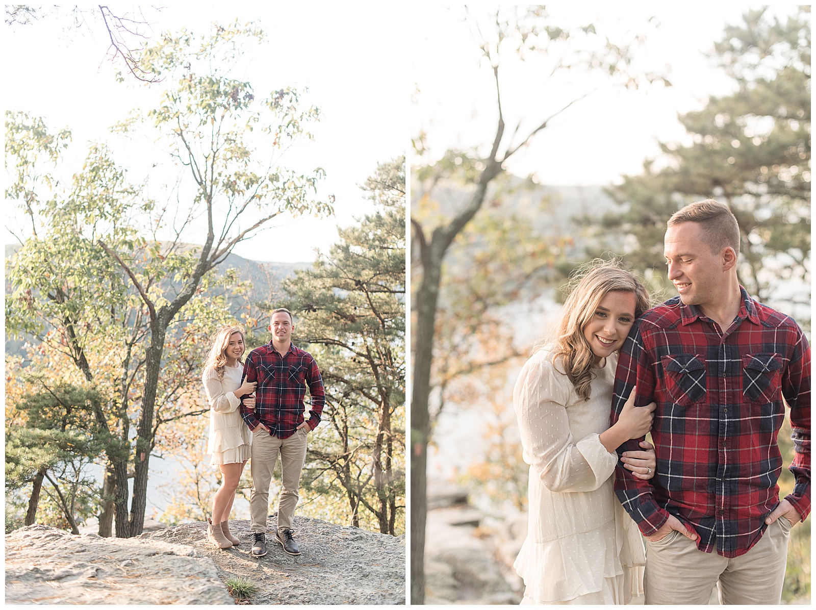 couple standing on large rock with girl wrapping her arms around guy's right arm and resting her cheek on his shoulder